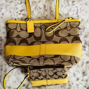 Coach Brown Signature Tote with Yellow Trim